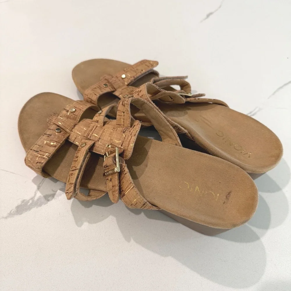 Vionic Radia Cork Gold Metallic Wedge Sandals Womens Size‎ 11 Adjustable Straps